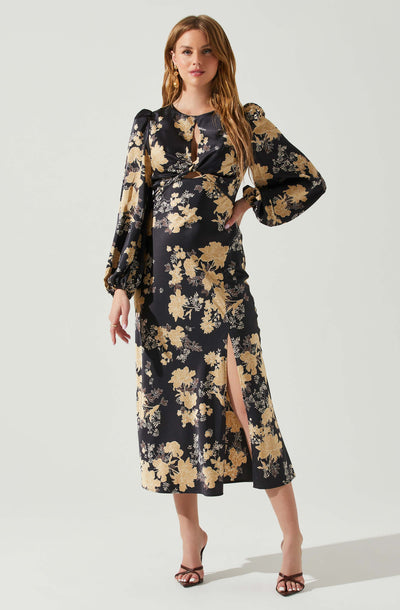 Suzy Floral Satin Front Cutout Midi Dress