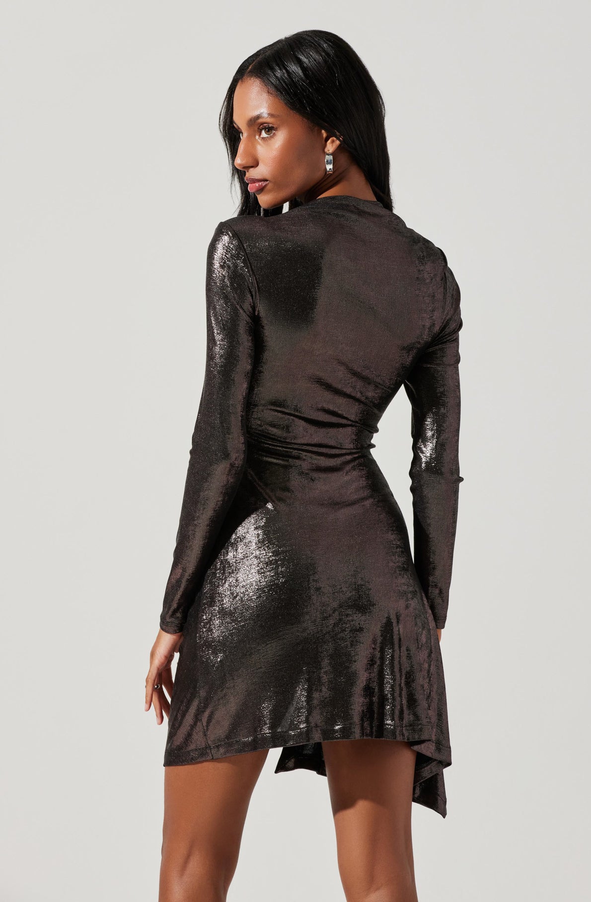 Black Mini Dress - Off Shoulder Sleeve Ruched Dress - Metallic