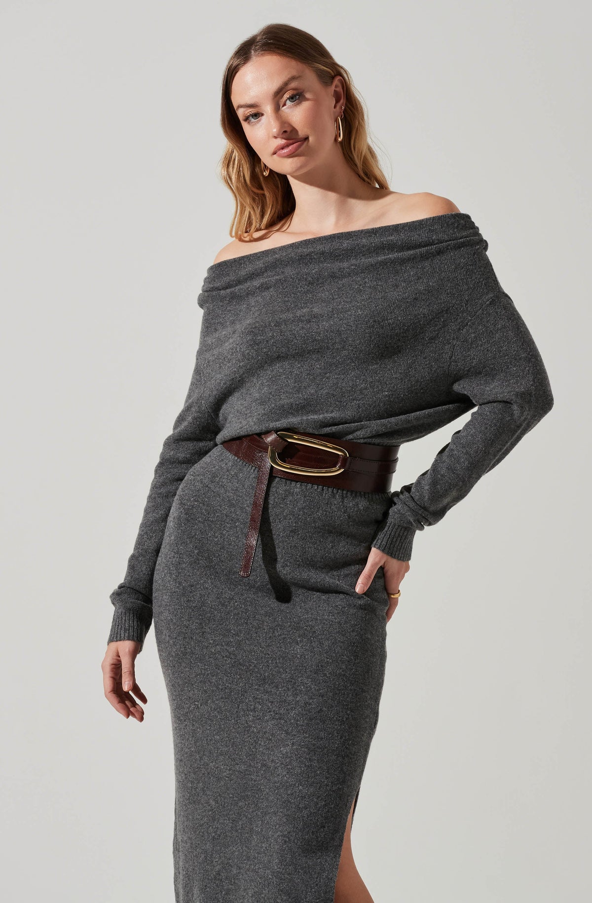Cora Off Shoulder Midi Sweater Dress - Charcoal / XS
