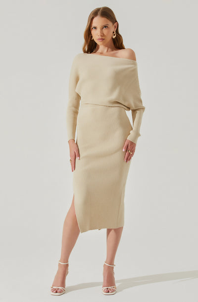 Caris Ribbed Off Shoulder Midi Sweater Dress