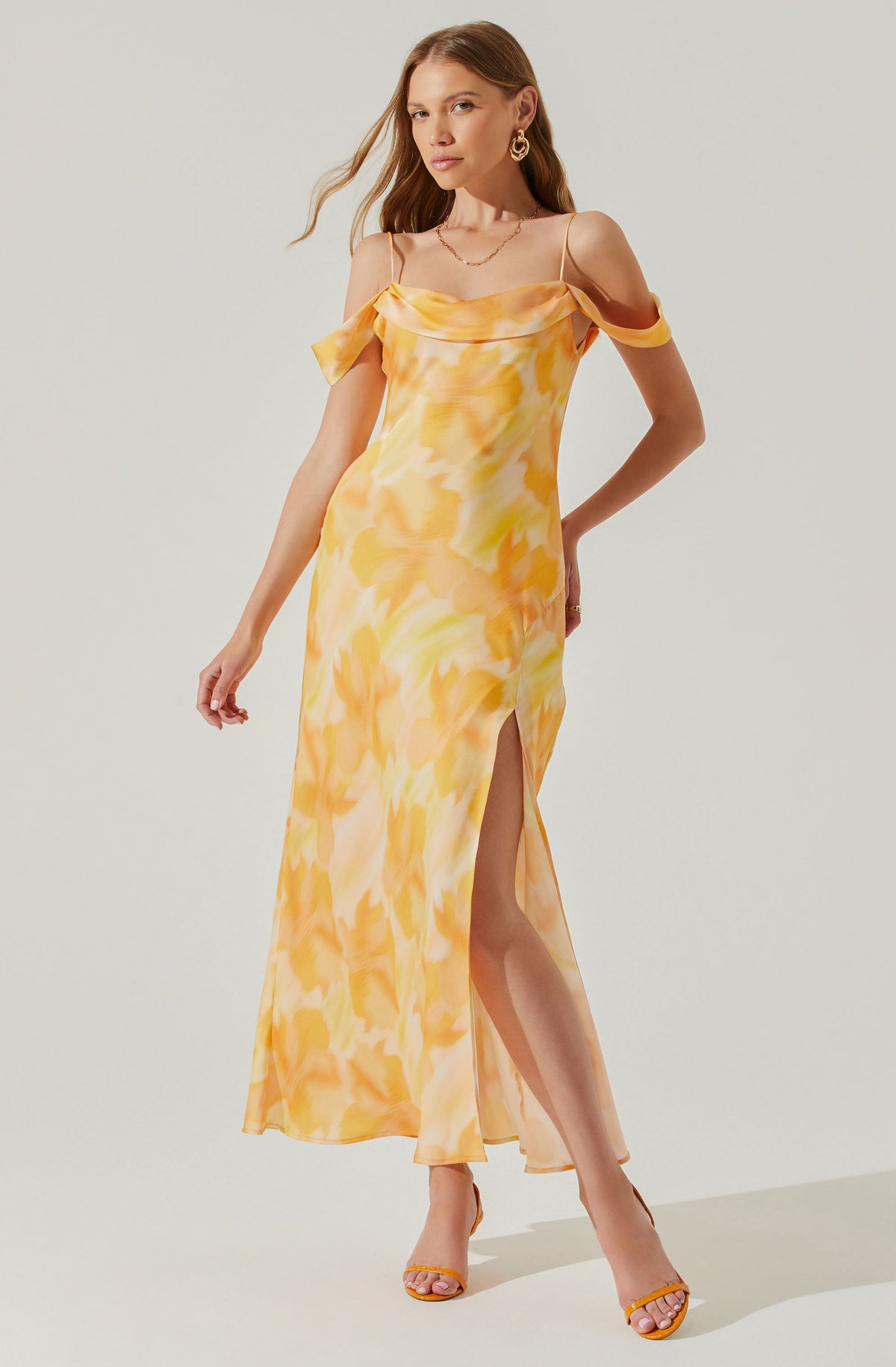 Cold shoulder cowl back pleated maxi dress on sale