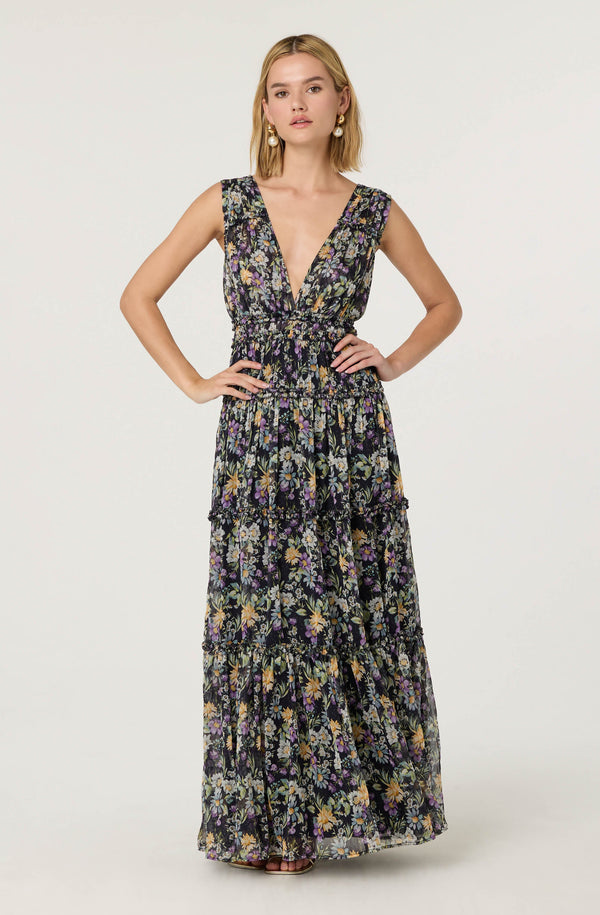 knee length dresses for ladies Blue Floral Printed Split Neck Smocked Waist Short Sleeve Maxi Dress * –  SSYS main image 1