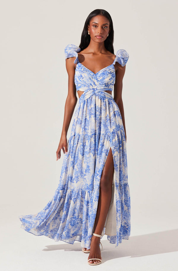 blue dress for baby girl Navy Floral Halter Neck Maxi Dress With Slit main image 0
