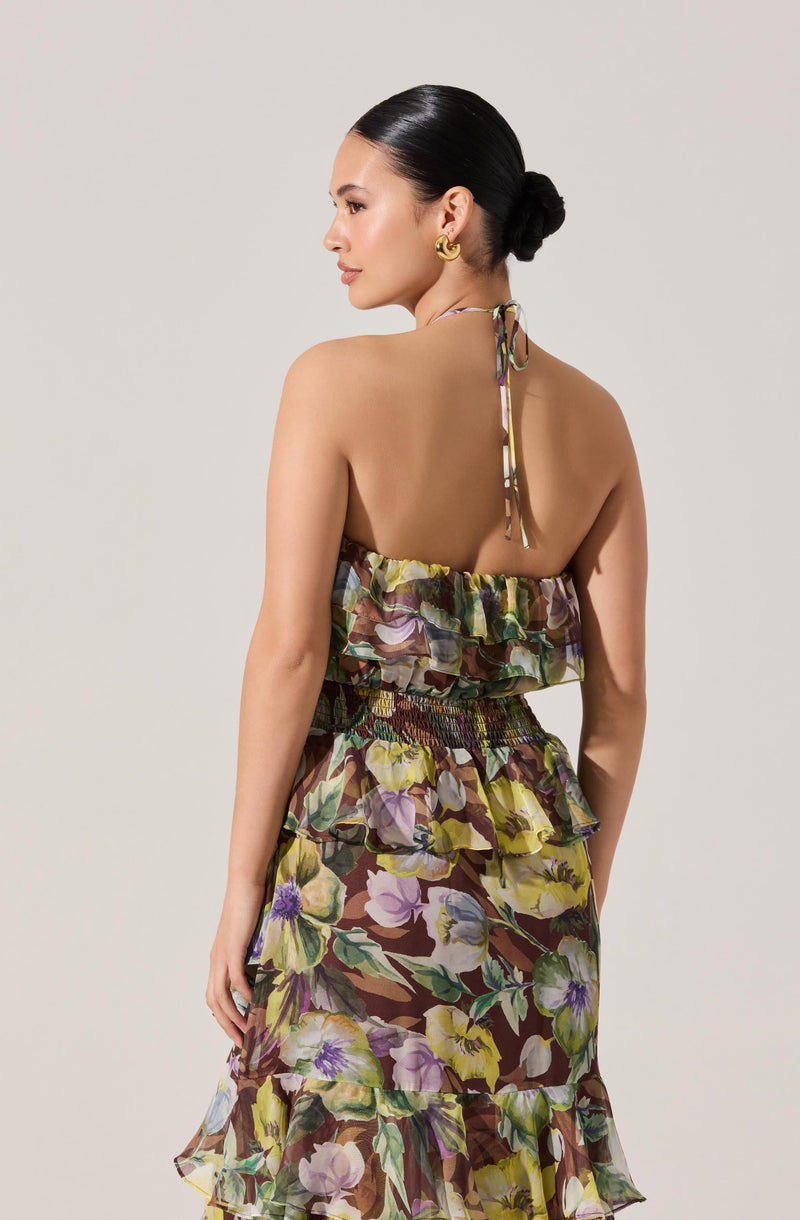 A woman is wearing a sleeveless, floral-printed sundress with ruffled layers. The dress features a halter neckline with a tie at the back of the neck and has an elasticized waistband. The fabric is lightweight and flowy, with a pattern of large, colorful flowers in shades of purple, yellow, and green set against a brown background.