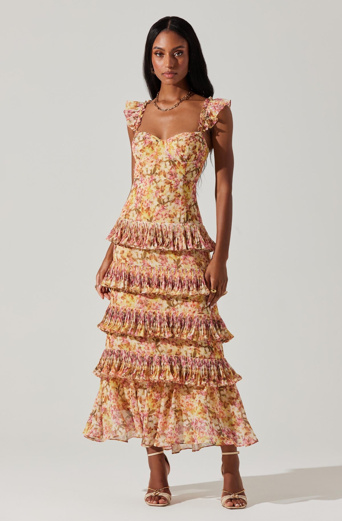 Yellow floral ruffle dress hotsell