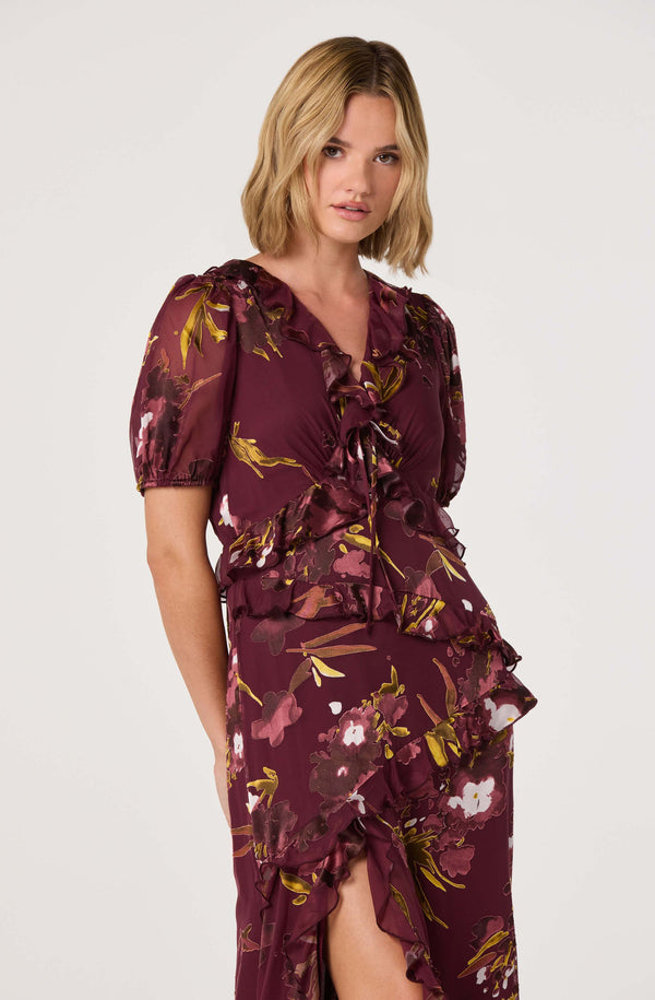ruffle floral print midi dress in burgundy Floral Midi Dress with Ruffles