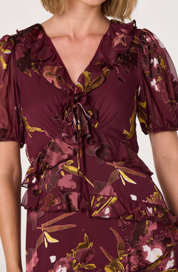 ruffle floral print midi dress in burgundy womens elegant floral print v neck midi dress ruffle sleeves