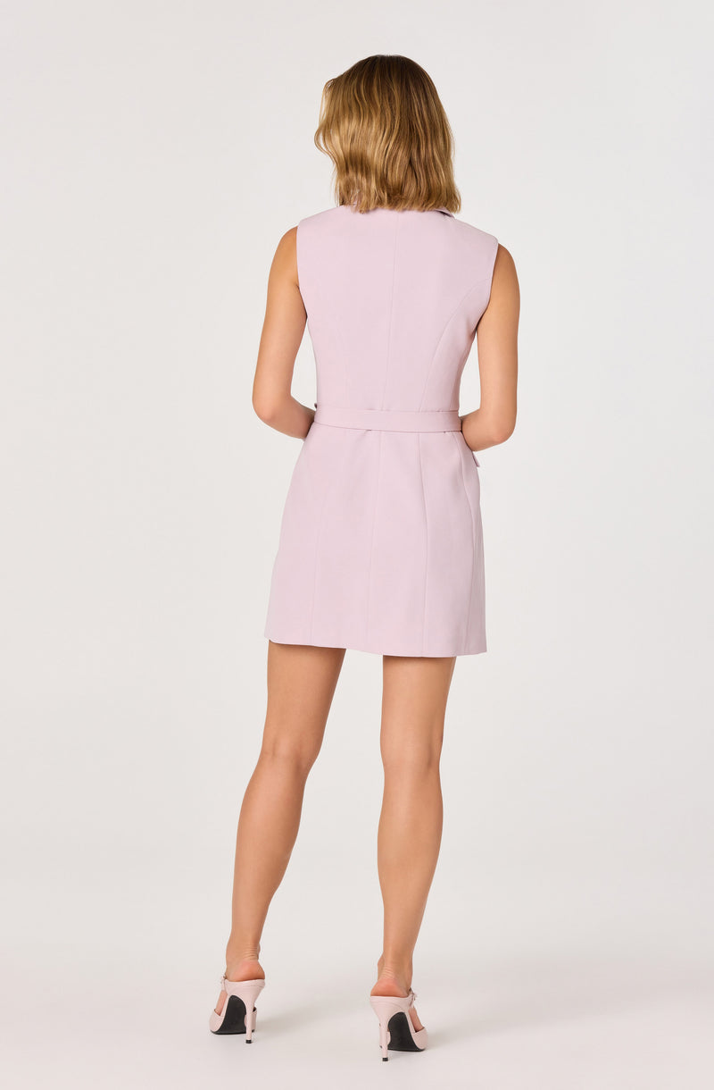 Woman in sleeveless lavender dress with a fitted waist, paired with pink heels.