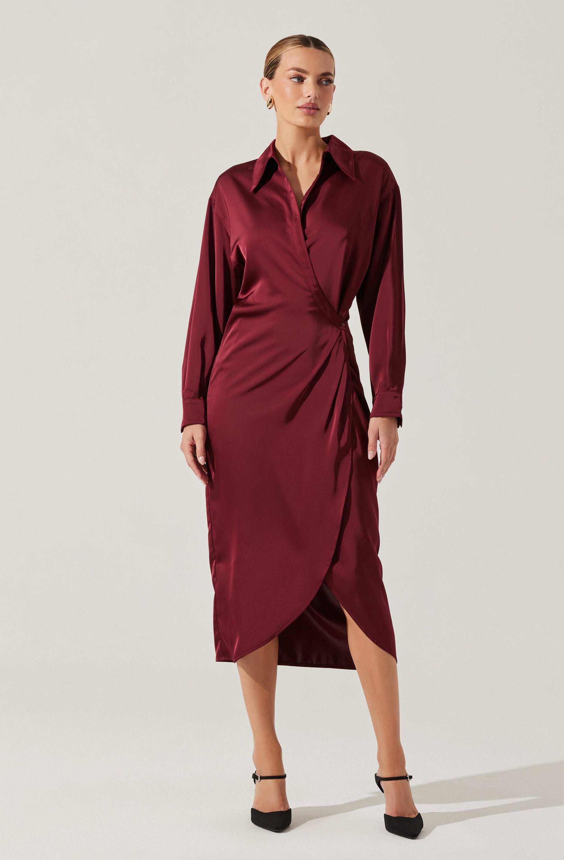 Ira Satin Wrap Shirt Dress - ASTR the Label Ira Satin Wrap Shirt Dress - ASTR the Label