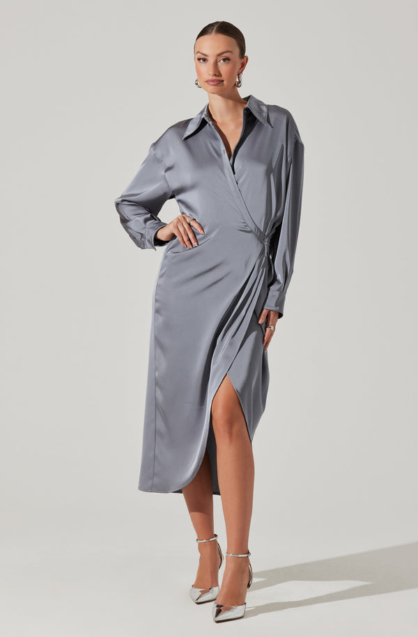 knee length dresses for ladies Ira Satin Wrap Shirt Dress
