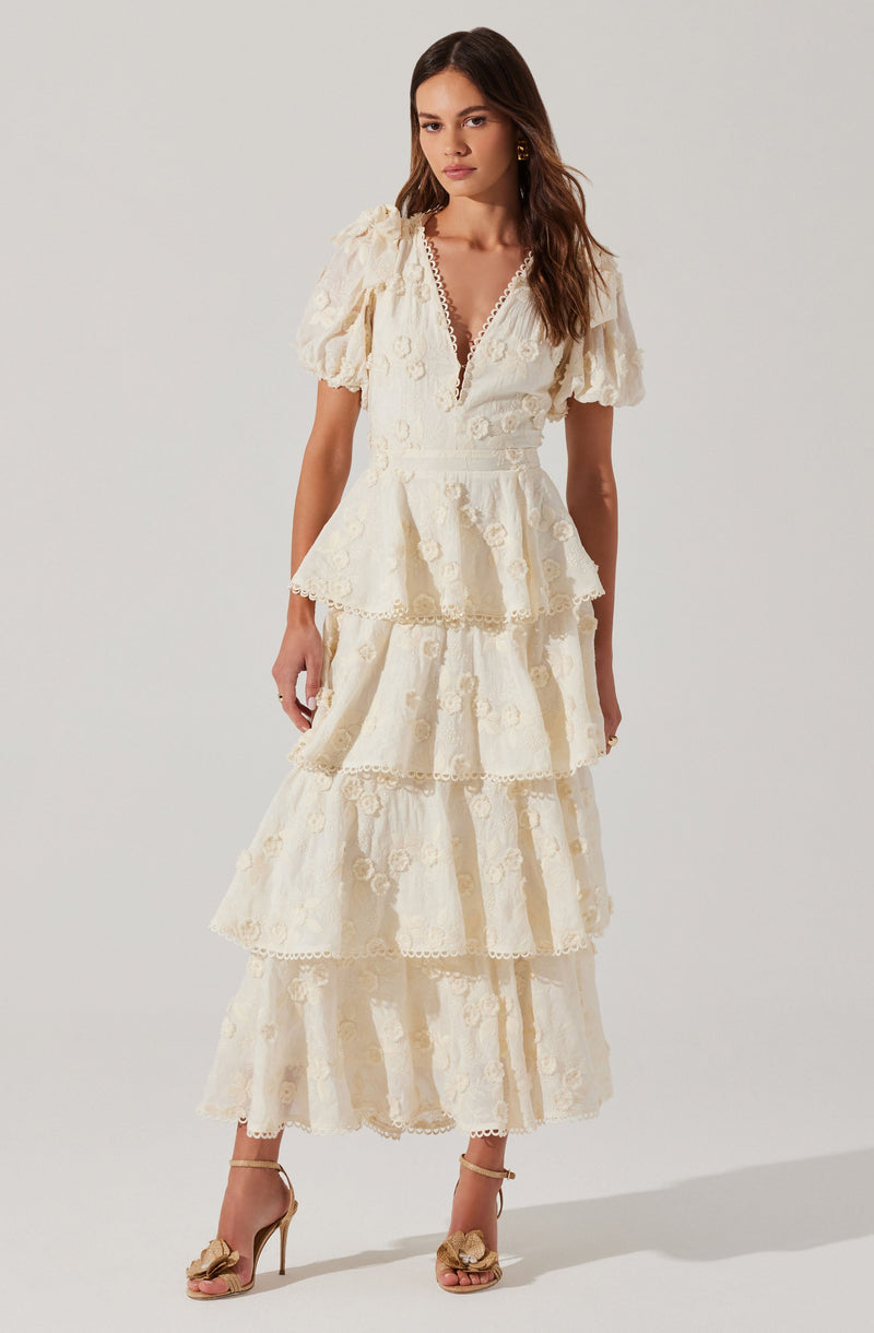 A woman is wearing an elegant, cream-colored dress made of lace fabric. The dress features a deep V neckline with scalloped edges, short puffed sleeves, and a fitted waist. The skirt is tiered with multiple layers of ruffled lace, creating a flowing, layered look that extends to her ankles. She is also wearing high-heeled sandals with open toes and floral embellishments.