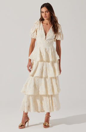 A woman is wearing an elegant, cream-colored dress made of lace fabric. The dress features a deep V neckline with scalloped edges, short puffed sleeves, and a fitted waist. The skirt is tiered with multiple layers of ruffled lace, creating a flowing, layered look that extends to her ankles. She is also wearing high-heeled sandals with open toes and floral embellishments.