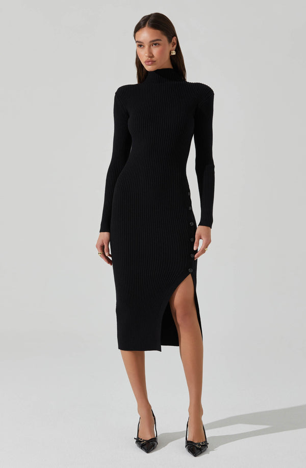 knit turtleneck sweater long bell sleeve slit midi dresses Soryn Dress March24