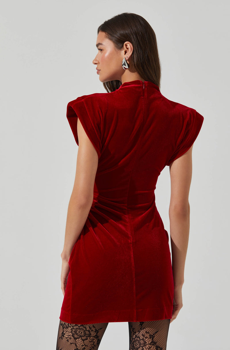 A woman is wearing a fitted, sleeveless red velvet dress with a high neckline. The dress features padded, structured shoulders and a vertical seam running down the back. It is made of a plush velvet fabric that has a subtle sheen. She also has on patterned black fishnet tights with a floral lace design.