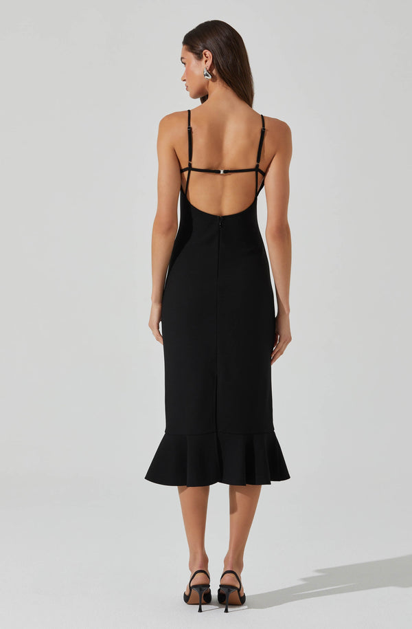 bow detail lace trim a line midi dress in black Clarina | Black Asymmetric-Neck Midi Dress With Bow-Detail