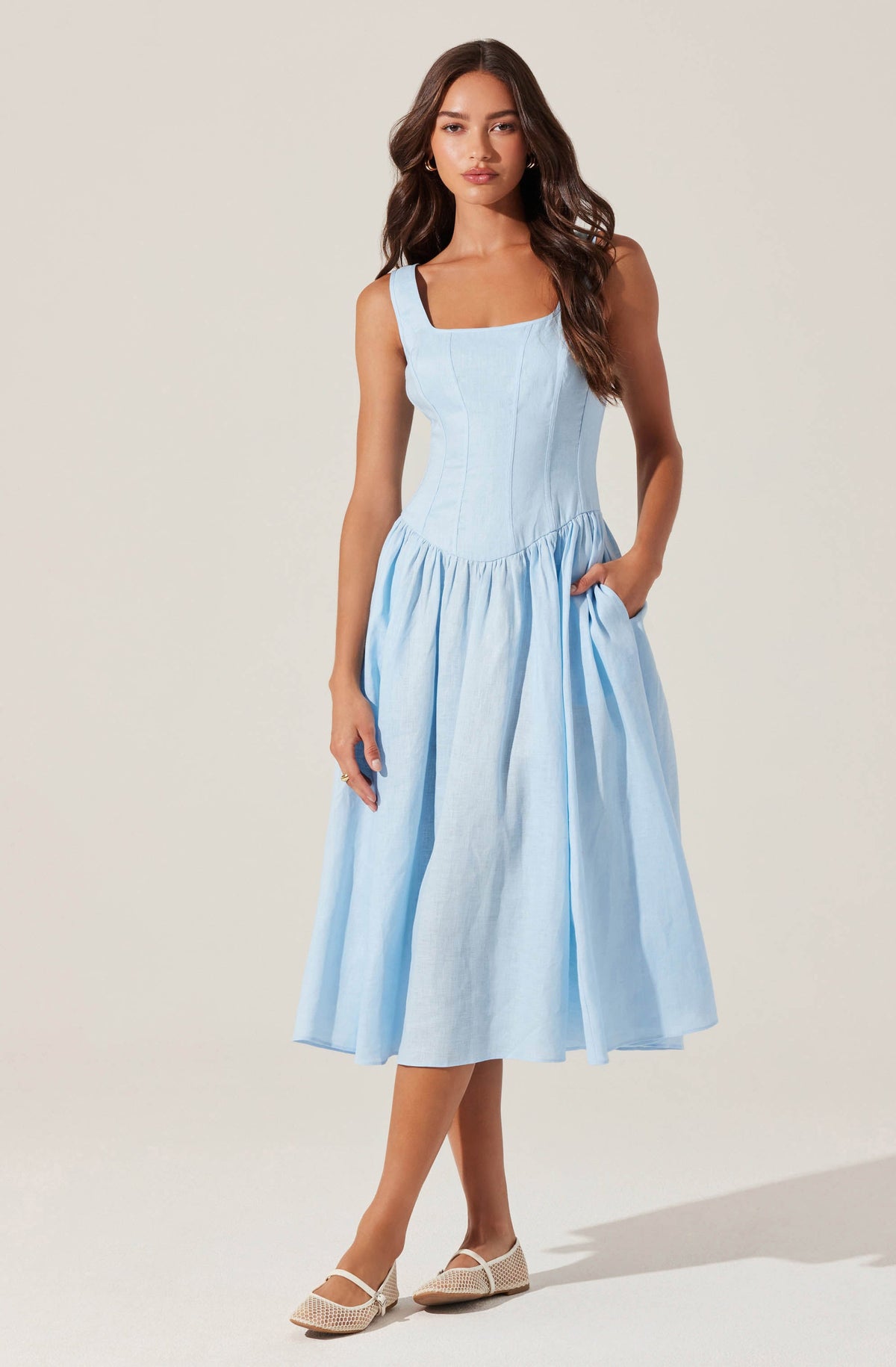 Blue long linen skirt with pockets 4943