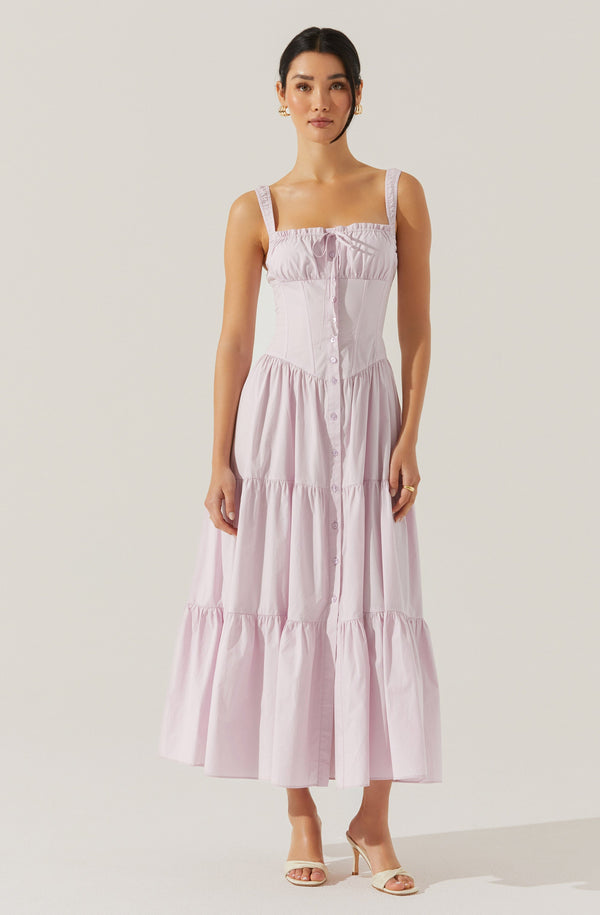 ASTR the Label Temperance Tiered Corset Midi Dress in Lilac at Nordstrom, Size Large ASTR the Label Temperance Tiered Corset Midi Dress in Lilac at Nordstrom, Size Large