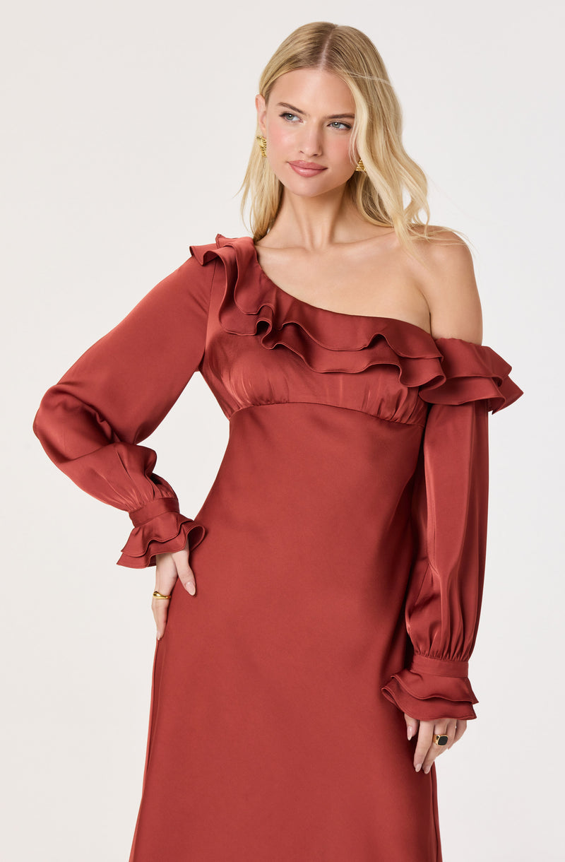 Rust-colored satin dress with ruffled off-the-shoulder neckline and long puffed sleeves.