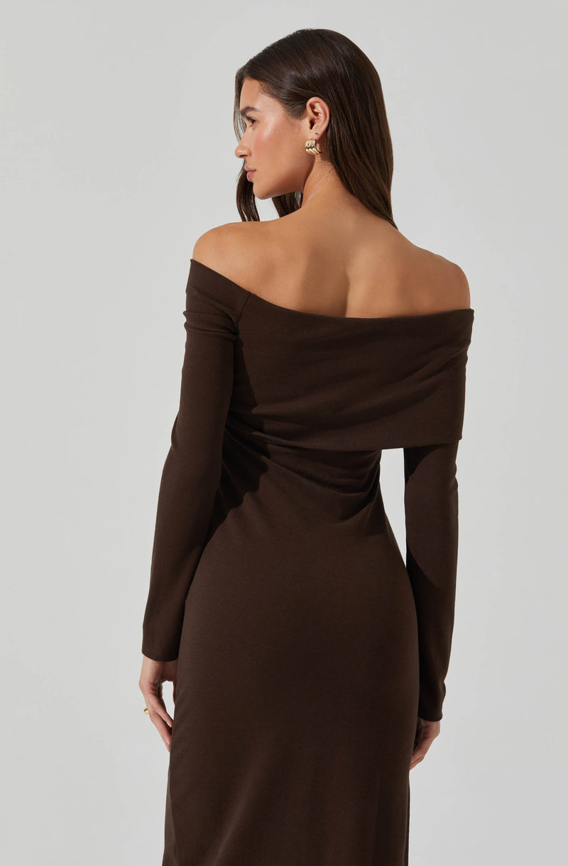 A woman wearing an elegant, off-the-shoulder, long-sleeve brown dress that fits snugly around her waist and hips. The dress has a smooth, satin-like texture and drapes softly over her shoulders. She accessorizes with gold earrings.