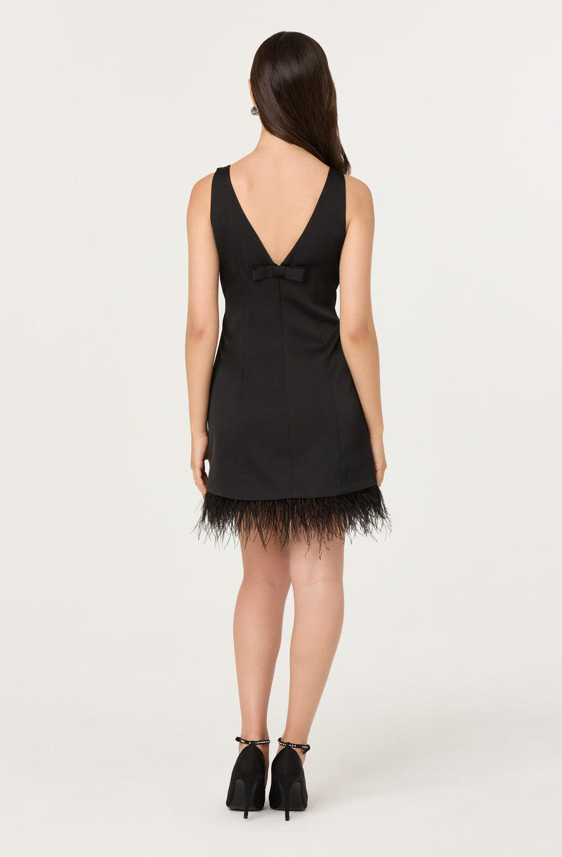 A woman is wearing a sleeveless black dress with a deep V neckline at the back. The dress features a small bow detail at the waist and has a feathered hemline at the bottom. She is also wearing black high-heeled shoes.