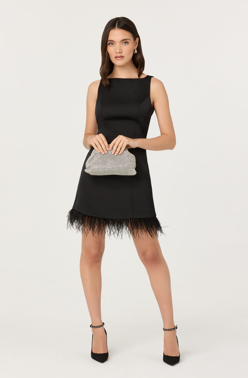 A woman is wearing a sleeveless, knee-length black dress with a straight neckline. The dress features a feathered hemline at the bottom. She is holding a small, silver, textured clutch bag in front of her. She is also wearing black pointed-toe high heels with ankle straps.