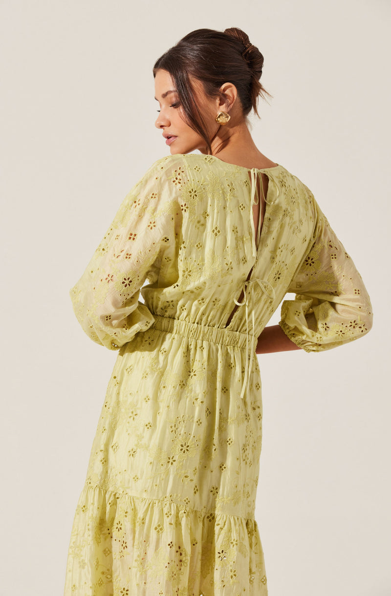 A woman is wearing a light yellow, long dress with eyelet embroidery. The dress features puffed three-quarter sleeves and has a gathered waistline. The back of the dress is open with ties at the neckline and waist. The fabric appears soft and breezy with floral patterns created by the eyelet details.