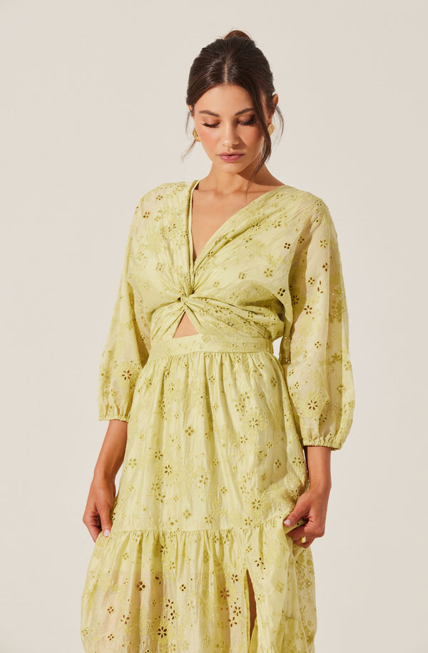 yellow floral long sleeve dress ASTR the Label Jesalyn Cutout Detail Eyelet Dress Matcha