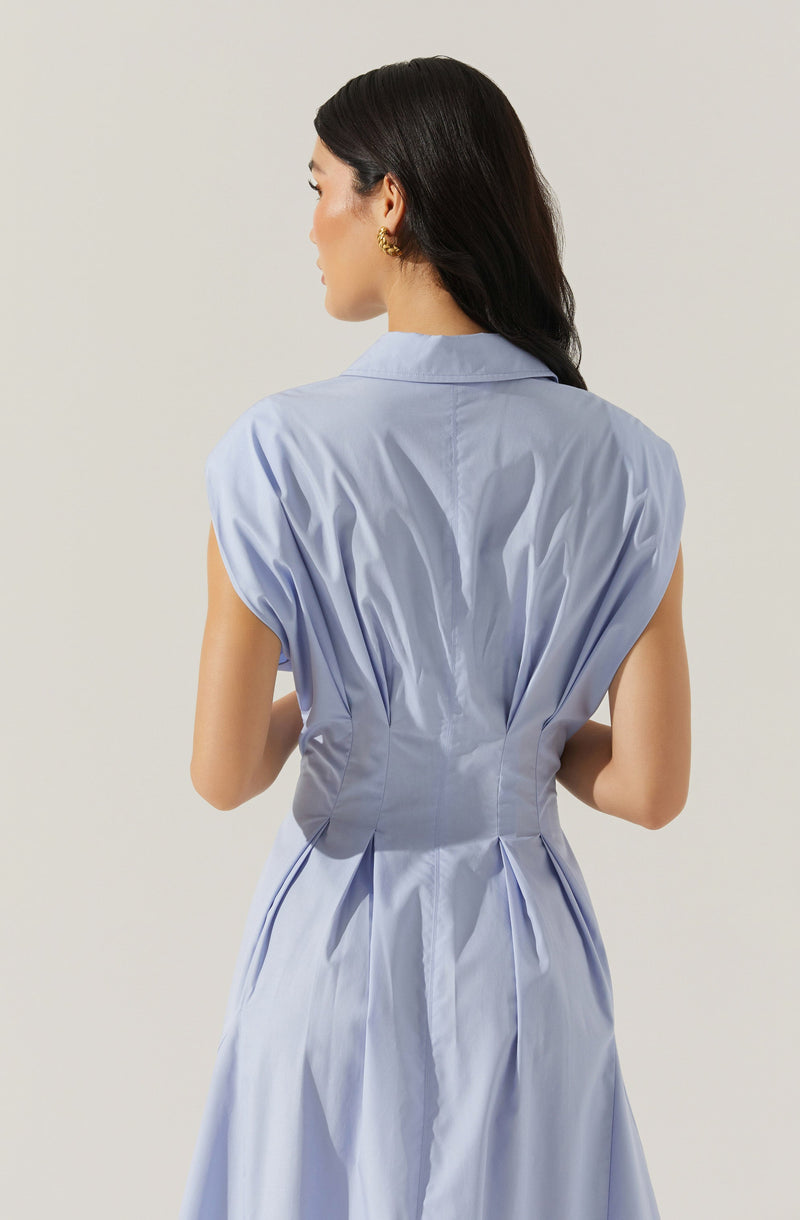 A woman is wearing a light blue, sleeveless dress with a structured waist and pleated, voluminous shoulders. The dress has a collar and a fitted silhouette that accentuates the waist, with pleats running down from the waistline.