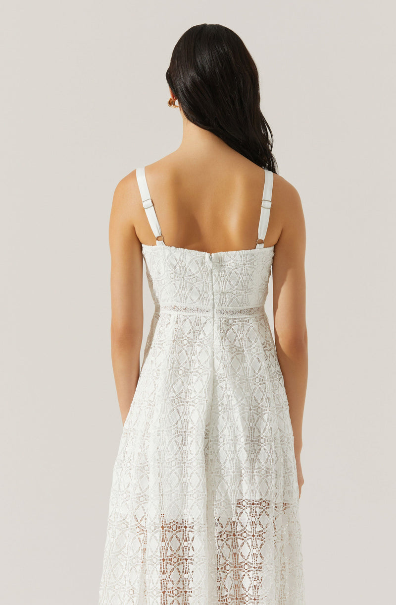 The dress is a sleeveless white lace garment with adjustable shoulder straps. It features an intricate geometric lace pattern throughout, with a fitted bodice and a slightly flared skirt. The back has a concealed zipper closure. The lace fabric is detailed with symmetrical designs, and parts of the skirt are semi-sheer, revealing an inner lining.