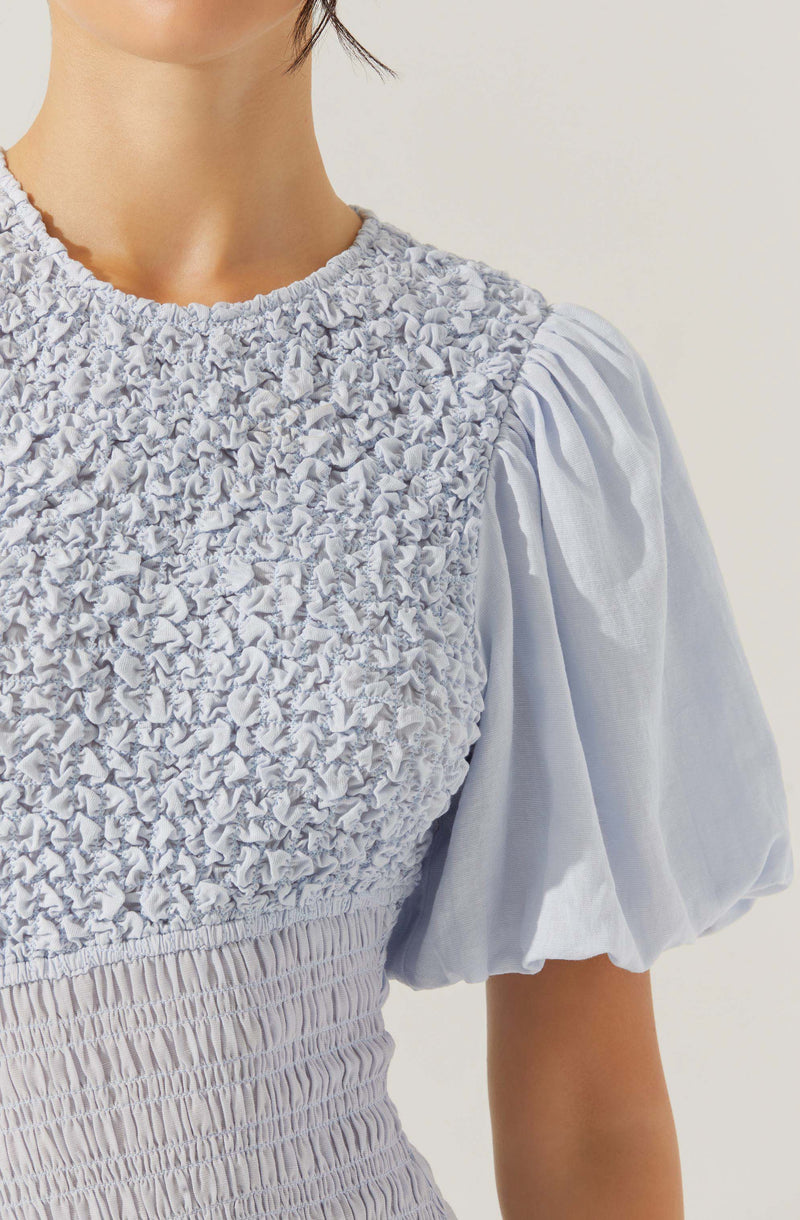A close-up of a woman's upper body showing her wearing a light gray blouse with a high neckline. The blouse features a textured, ruched, and ruffled fabric on the front bodice, and has puffed short sleeves gathered at the shoulder. The fabric appears soft and lightweight.
