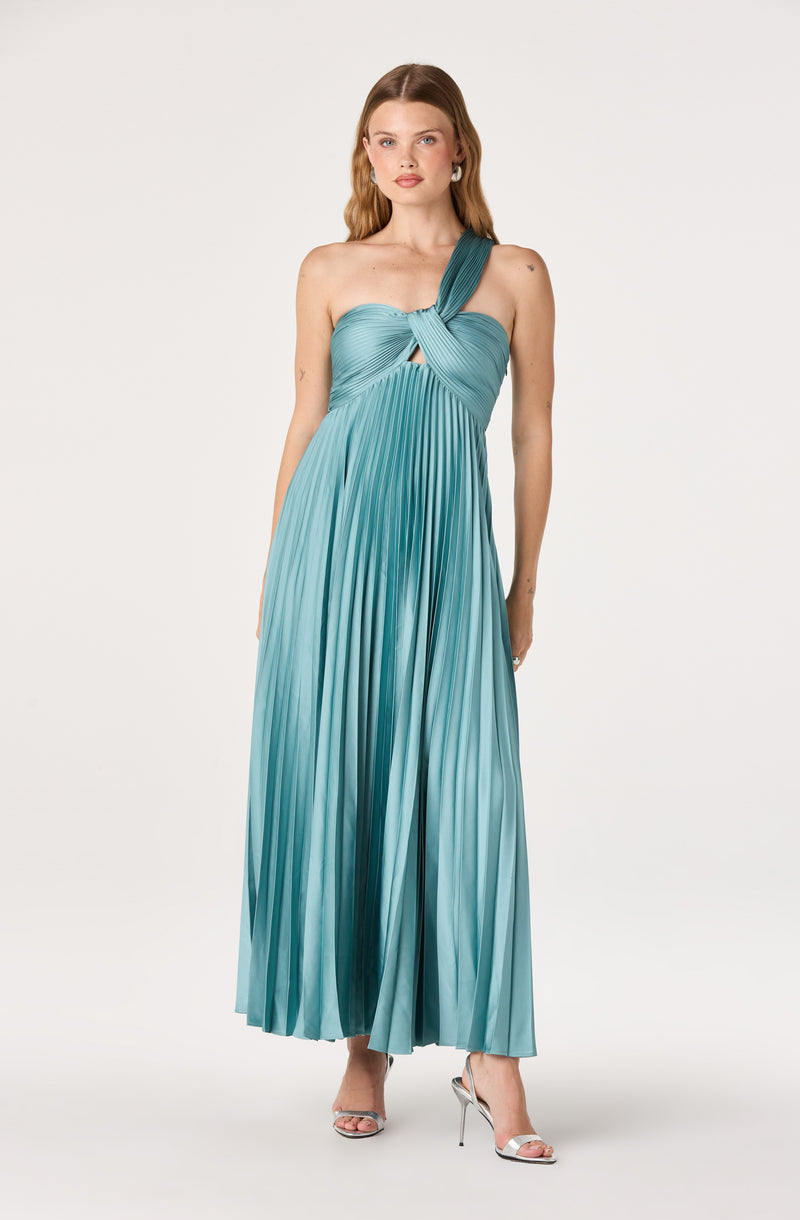 Teal pleated strapless dress with twisted shoulder strap design and knot detail.