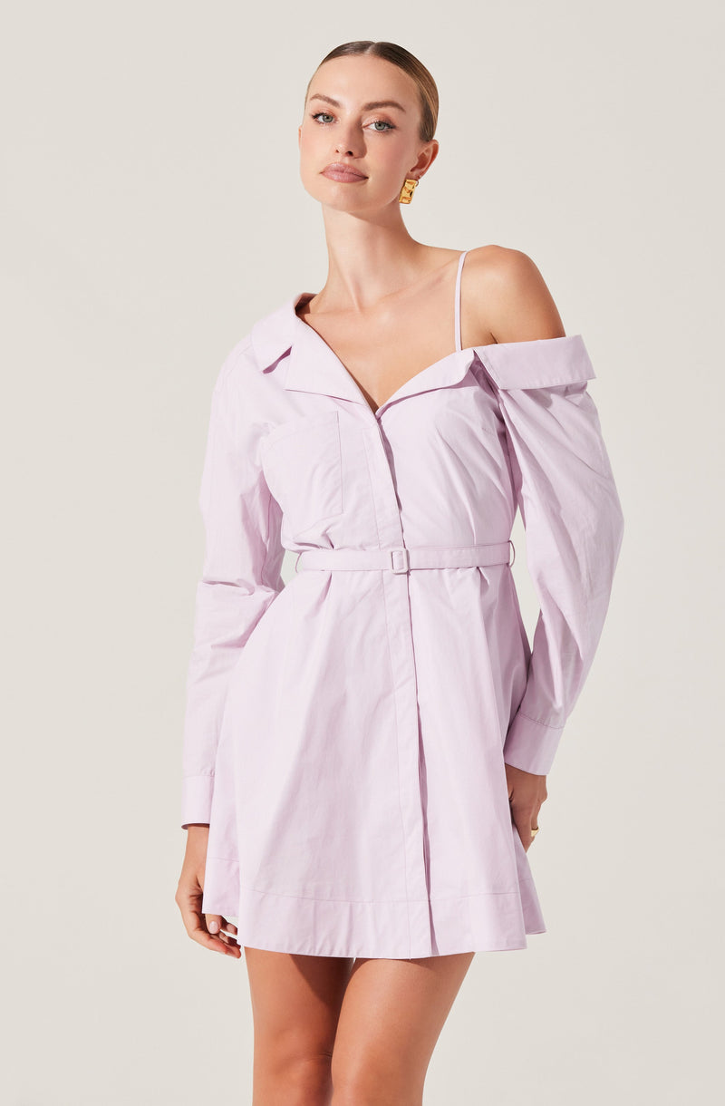 A woman is wearing a light purple, off-the-shoulder dress with a collar and long sleeves. The dress features a matching belt at the waist, and the bodice has a zipper detail in the front. The dress length is above the knees. She is also wearing a white spaghetti strap top underneath.