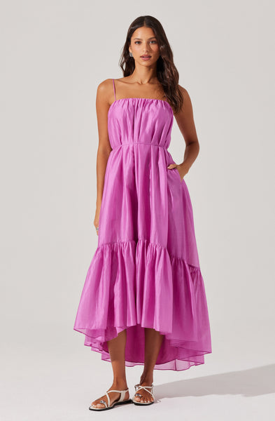 alissa tiered maxi dress With Hip Embellishment Brieges height is 170cm/56 and wears a size AU 6 / US 2. Dusty Olive/ Cream Striped Short