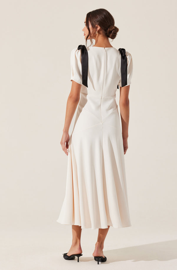 black casual summer dress White Embellished Strapless Midi Dress with Velvet Bow main image 0
