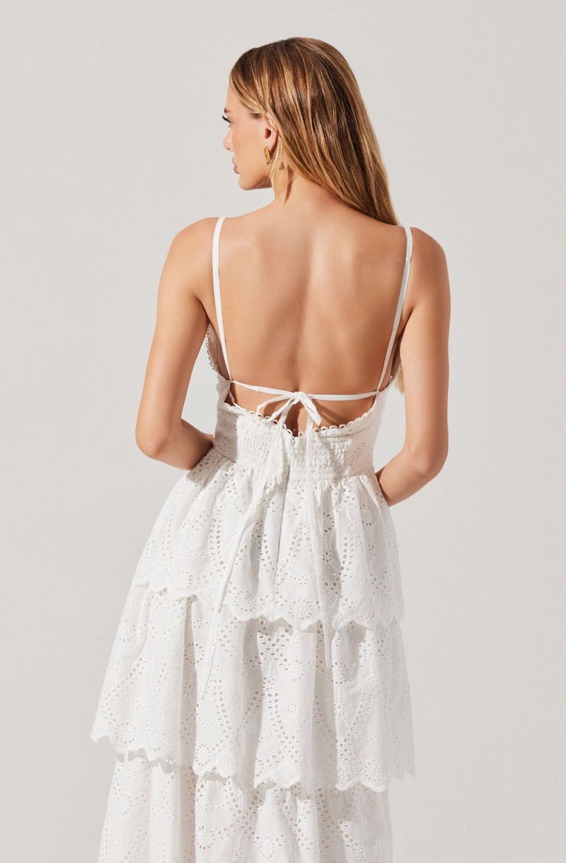 A woman is wearing a white, backless dress with thin spaghetti straps. The dress features a tiered design with eyelet embroidery on the fabric, creating a ruffled and textured appearance. The back of the dress has a tie closure at the waist.