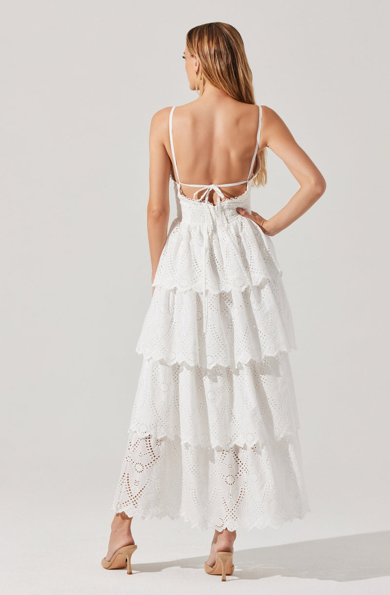 The dress features thin spaghetti straps and a back tie closure. The bodice is fitted, and the skirt has multiple layered ruffles made from a white eyelet fabric with floral cut-out patterns. The fabric is lightweight and slightly textured, creating a tiered effect. The dress is ankle-length, and the model is wearing nude high-heeled shoes.