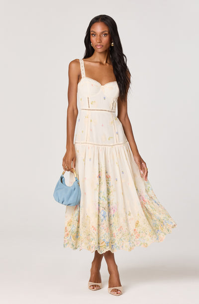 chinese dress ladies Jodifl Tropical Floral Print Tiered Midi Dress in Taupe Mix – June Adel main image 1