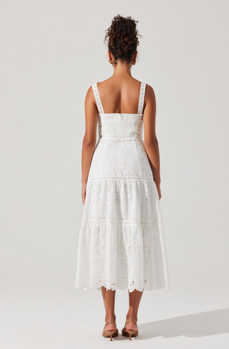 A woman is wearing a sleeveless, white, eyelet lace dress with wide straps. The dress has a fitted bodice and a gathered, tiered midi-length skirt with intricate eyelet patterns and scalloped edges. She is also wearing light-colored high-heeled shoes.