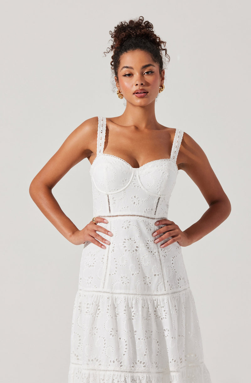 A woman is wearing a white sleeveless sundress with thick shoulder straps and a fitted bodice. The dress features embroidered eyelet lace detailing, creating a textured pattern throughout the fabric. It has a high waistline and a tiered skirt that falls to mid-length.