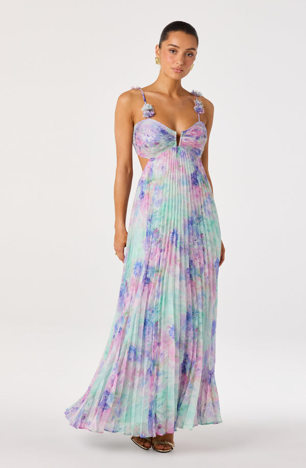 chinese dress ladies Draped Cut Out Backless Floral Maxi Dress, Blue / Xs main image 0