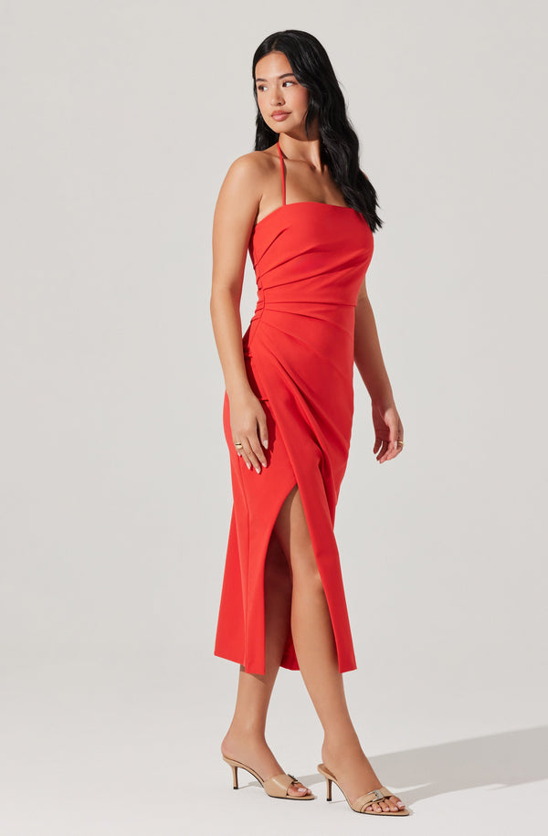 red midi halter dress ASTR the Label | Siena Halter Neck Midi Dress in Red Orange