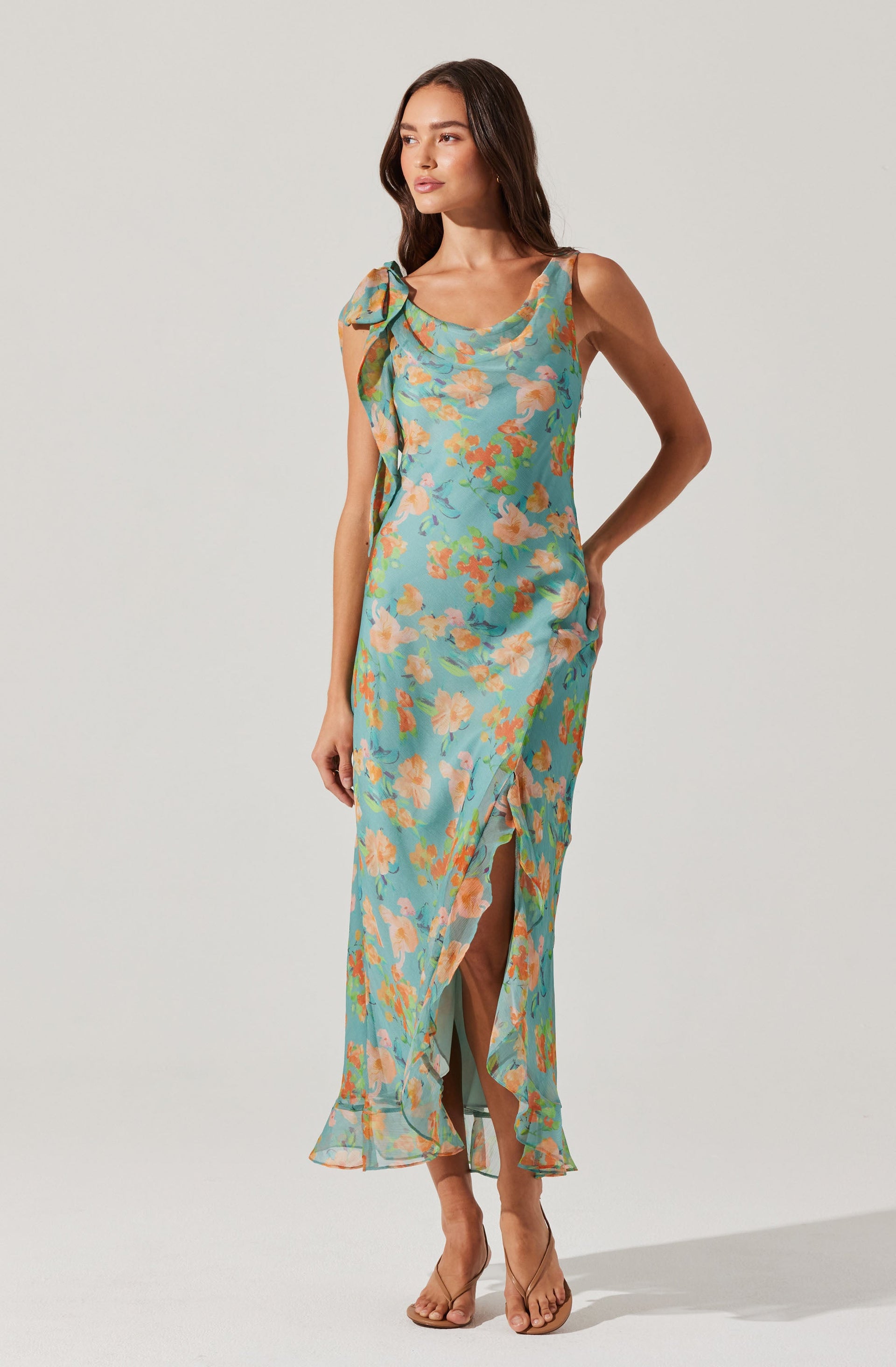 Isabelle Ruffled Cowl Neck Floral Midi Dress - ASTR the Label Isabelle Ruffled Cowl Neck Floral Midi Dress - ASTR the Label