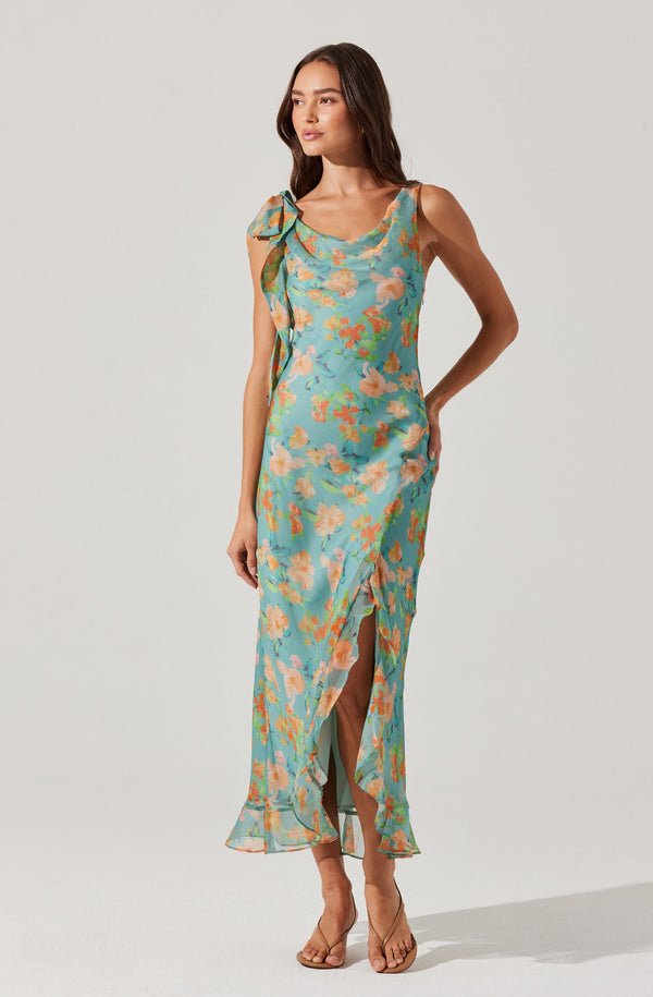 Isabelle Ruffled Cowl Neck Floral Midi Dress - ASTR the Label Isabelle Ruffled Cowl Neck Floral Midi Dress - ASTR the Label