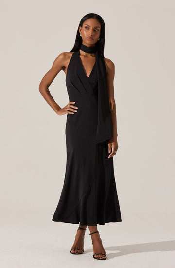 A woman is wearing a sleek, black sleeveless gown with a deep V neckline and a fitted waist. The dress features a long, flowing skirt that reaches the floor with subtle wave-like details. She has accessorized with a matching black choker and is wearing open-toed high heels with ankle straps.
