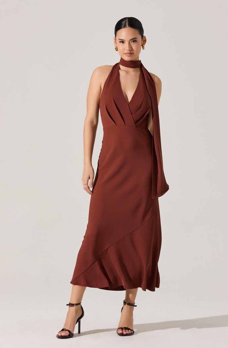 A woman is wearing a sleeveless, floor-length gown in a rich, warm brown color. The dress features a deep V neckline with layered pleats around the bust and a long, matching scarf or sash draped over her shoulder. She has paired the gown with black high-heeled sandals that have thin straps around the ankles.