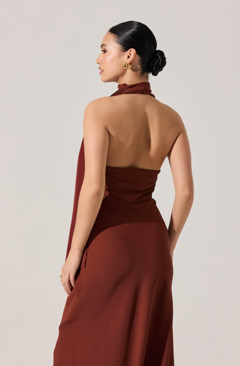 A woman wearing a sleeveless, backless dress in a deep reddish-brown color. The dress has a high neckline that wraps around her neck, and the fabric is fitted around her waist before flowing downward. She has dark, slicked-back hair styled in a low bun and is accessorized with large, gold hoop earrings.