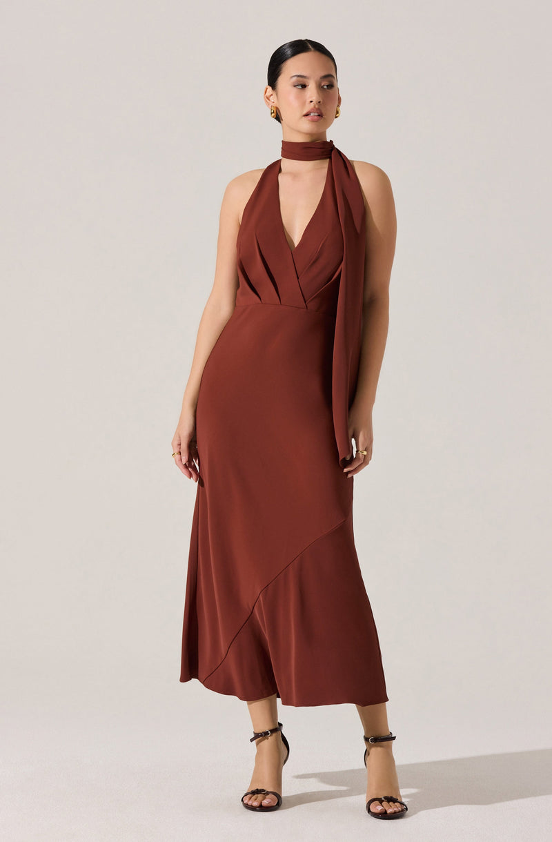 A woman is wearing a sleeveless, floor-length, rust-colored dress with a deep V neckline and pleated details at the bust. The dress features a fitted waist and an asymmetrical hemline. She has a matching scarf around her neck tied in a knot, and is accessorized with gold earrings and rings. She is wearing strappy high-heeled sandals.