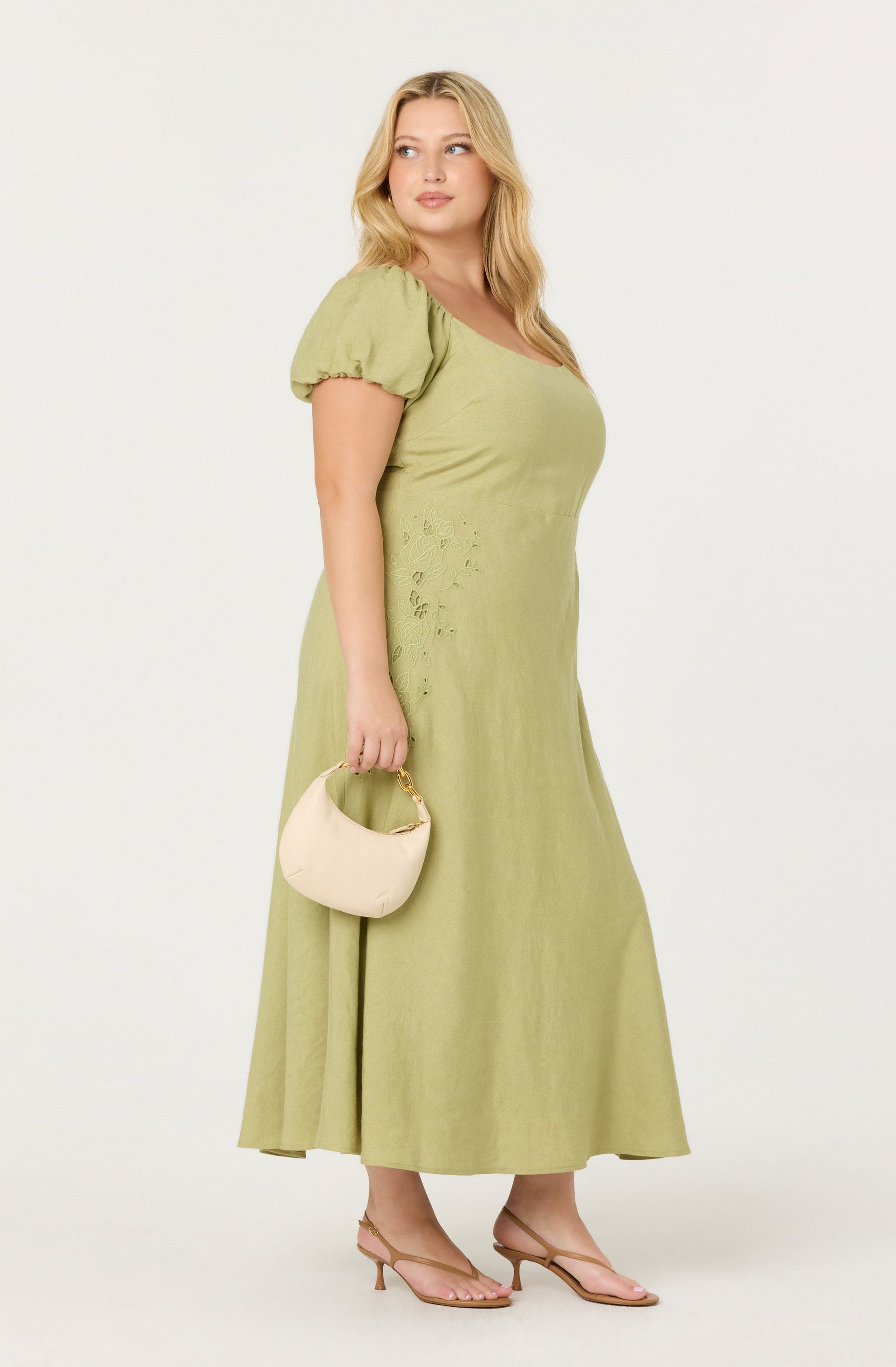 Leocadia Embroidered Puff Sleeve Midi Dress