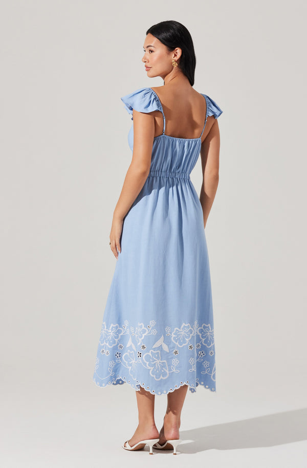blue dress with white embroidery Odeletta Embroidered Floral Trim Midi Dress