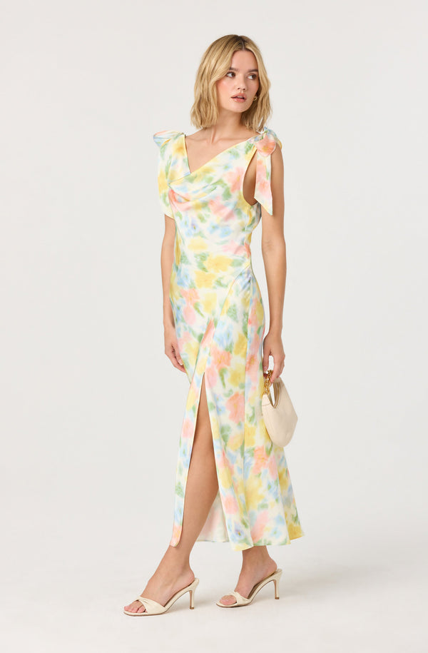 knee length dresses for ladies Yellow Satin Cowl Neck Midi Dress